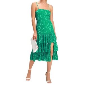 NWT Lulus Nellie Green Polka Dot Ruffled Midi Dress M Square Neck Wedding Guest